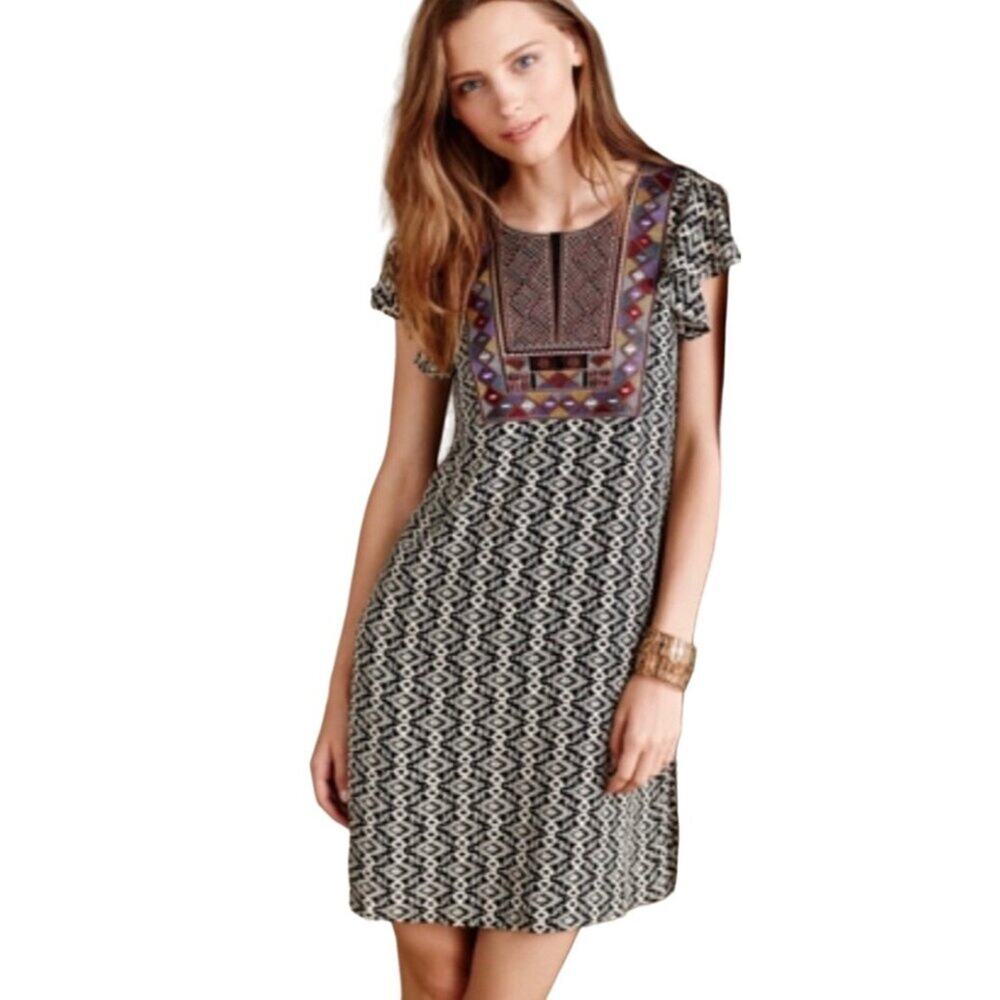 Maeve Black and White Embroidered Yoke Aztec Print Mini Dress‎ Size XS Petite